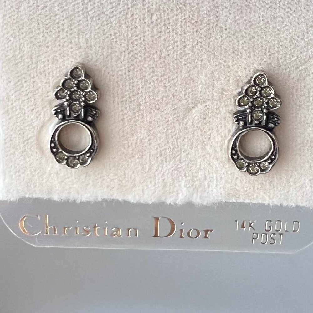 NWT Vintage Christian Dior Signed Gunmetal Plated Earrings with 14 kt Gold Posts - Picture 2 of 6